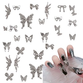 3D Butterfly Nail Charms,150PCS Silver Butterfly Wing Bowknot Bow Nail Gems,Metal Alloy Cute Nail Art Decorations Supplies for Women Girls Manicure Design DIY Crafts