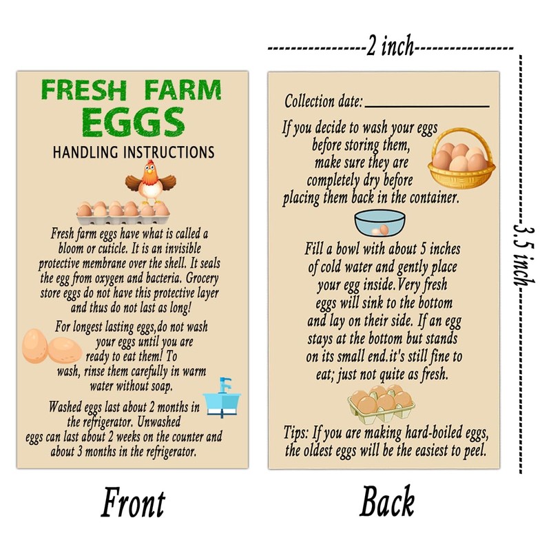Top label Fresh Farm Egg Handling Instruction Cards,2x3.5 Inch Double-sided