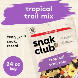 Snak Club Tropical Trail Mix with Peanuts, Dried Papaya, Raisins, Banana Chips, Dried Pineapple, Coconut Chips, and Almonds, Gluten-Free and Kosher Snack, 24 oz Resealable Bag