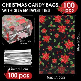 Outus 100 Pcs Christmas Favor Bags Snowflake Pattern Treat Bags Flat Cellophane Plastic Bags for Bakery Popcorn Cookies Candies Dessert with 100 Pieces Twist Ties (Red,Leaves and Flowers)