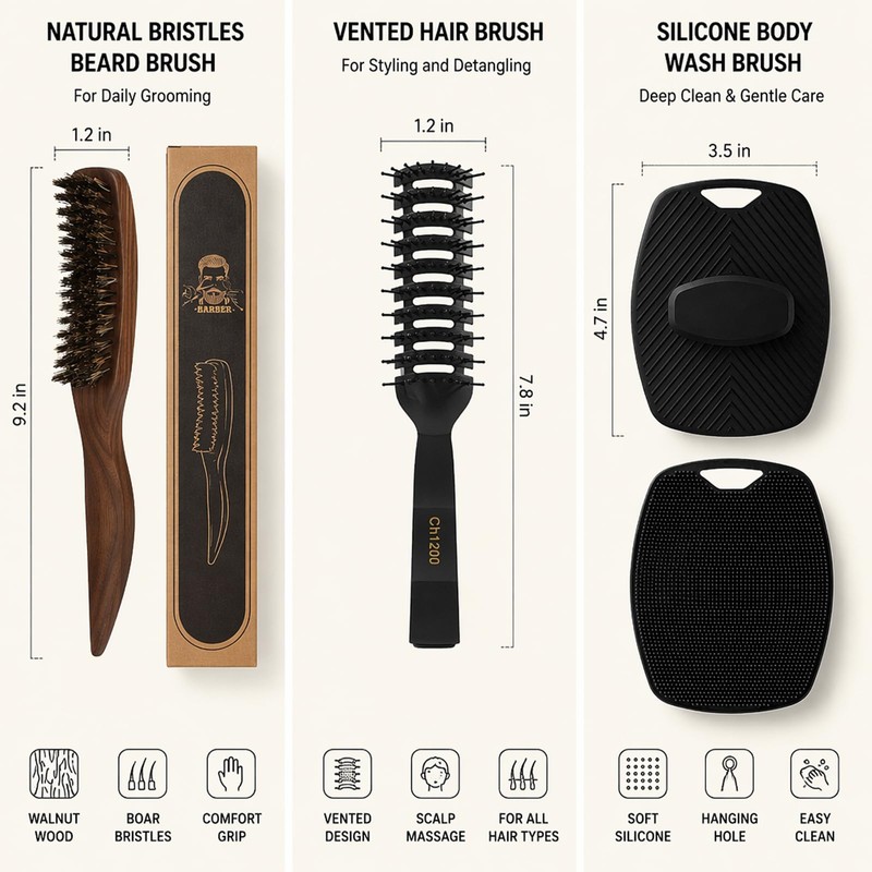 Slick Back Set - Boar Bristle Brush - Comb -