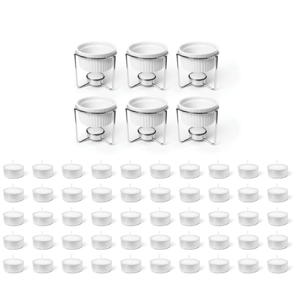 Butter Warmers 6 Piece Set Ceramic Ramekins & 50 Tealight Candles, Great For Butter, Seafood, Chocolate or Cheese Fondue, Dishwasher Safe, & Microwave - Oven Safe