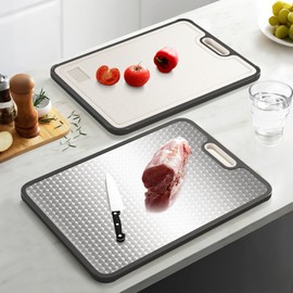 LOZOVIN Stainless Cutting Board, 15”*10”Double-Sided Stainless Steel&Wheat straw PP, Large Non Toxic Chopping Board for kitchen, Separate Surfaces for Meat & Veggies, Scratch-Resistant Mesh Design