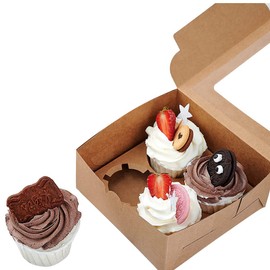iDopick 16 Packs Bakery Cupcake Boxes 9.4x6.1x3 Inch with 4 Secure Holes,Cookie Boxes with Viewing Window, Dessert Box for Pastry, Dessert, Donut and More, Brown Square Bakery Box (4 Hole)