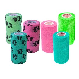 3 Inch Vet Wrap Tape Bulk (3 Solid Colors and Black Paw Prints on Teal, Neon Green, Neon Pink) (Pack of 6) Self Adhesive Adherent Adhering Flex Bandage Rap Grip Roll for Dog Cat Pet