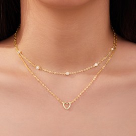 Poxtex Gold Heart Necklace for Women, Dainty 14K Gold Plated Necklace,Waterproof,Stackable Heart Jewelry for Women Trendy, Adjustable Layering Choker Necklaces Mother's Day Ideal Gift for Her