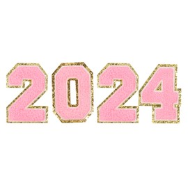 sourcing map 4pcs Glitters Chenille Number Patches 8.4cm / 3.3" Iron-On Embroidery Numbers for Team Uniforms Sports T-Shirts Hats Bags (Pink, Number 2024)