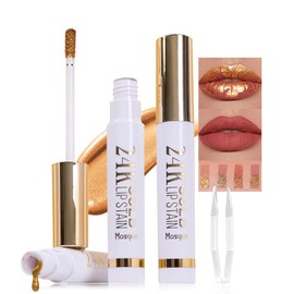 JUAAZIN 2Pcs 2025 New Gold Liquid Lip Gloss Peel Off Lip Stain Tattoo with Tweezer, Lips Stain Peel Off Masque, Long Lasting Waterproof Lip Tint Stain, Transfer-proof for All Skin Types 03#+04#