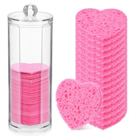120 Pcs Compressed Facial Sponges with Container, Disposable Natural Face Sponges Round Soft Pads with Container for Washing Face Cleansing Exfoliating Esthetician Makeup Removal Travel (Heart, Pink)