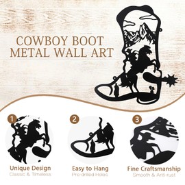 Cowboy Boot Metal Wall Art, Western Cowboy Boot Metal Wall Decor, Black Cowboy Boot Metal Wall Sculpture for Wall Hanging Wall Decor Home Decor Living Room Bedroom Kitchen Bathroom Indoor Outdoor Decor（19.68"L x 16.06"W/50x40.8cm)