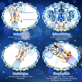 EZVYAO Light Up Princess Wand with Spinning LEDs & Music - Rechargeable Magic Fairy Toys for Kids Girls - Birthday Cosplay Party Favors, Blue