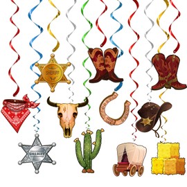 TMCCE 22 PCS Western Cowboy Party Decoration - Wild West Photography Backdrop and Theme Hanging Swirls Foil Swirls