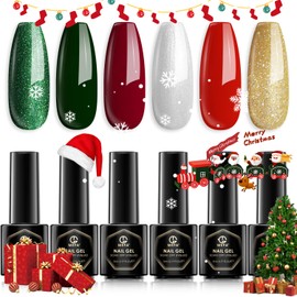 MEFA Christmas Gel Nail Polish Set Limited Edition, 6 Colors Burgundy Red Dark Green Glitter Gel Polish Winter Silver Gold Sparkle Nail Polish Manicure Soak Off DIY Salon Christmas Decorations Gifts