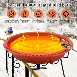 Lovppy Heated Bird Baths for Outdoors for Winter, 100W Heated Bird Bath Water Heater with Thermostatically Controlled, Heated Bird Bath for Deck Railing Outside Garden Patio Yard (Brown)