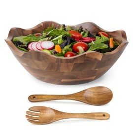 Wood Salad Bowl with Serving Utensils - Large Scalloped Decorative 12" Acacia Wooden Mixing Bowls Set with Spoons - Handcrafted Farmhouse Kitchen Serveware for Fruit, Pasta, Snacks and Home Decor