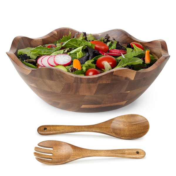 Wood Salad Bowl with Serving Utensils - Large Scalloped Decorative