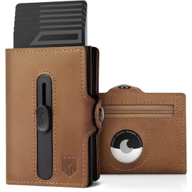 DODENSHA Airtag Wallet with 2 Layer Lycra Cash Pocket, Men's Genuine Leather Slim Smart Wallet, Metal RFID Blocking Pop Up Credit Card Wallet for Men with Coin Pocket & ID Window