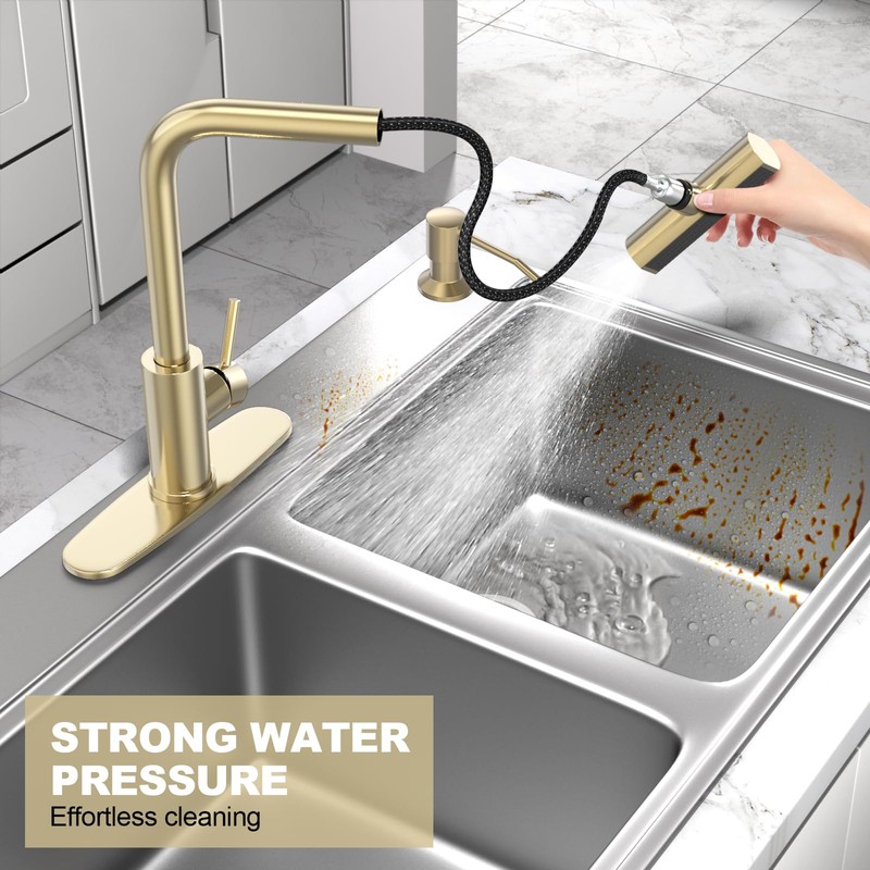 AVSIILE Brushed Gold Waterfall Kitchen Faucets with Pull Down Sprayer