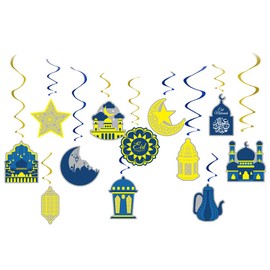 FeLeA Ramadan Mubarak Hanging Swirl Decorations,12 Pieces Eid Mubarak Hanging Swirl Decorations Shining Star Moon Lantern Ceiling Foil Decor for Eid Party Holiday Decorations Supplies (Blue and Gold)