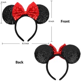 UNSPAZ Mouse Ears Headbands, Sequin Mouse Ears for Women Girls Boys, Shiny Bow Headband for Cosplay Costume Party Decorations Hair Accessories (Red)