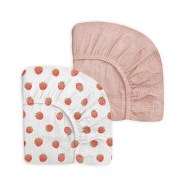 Crib Sheets for Baby Boy Girl 2 Pack, Fitted Crib Mattress Sheet 28" x 52", Muslin Toddler Bedding with Neutral Style, Nursery Bedding Essentials (Strawberry & Pale Pink)