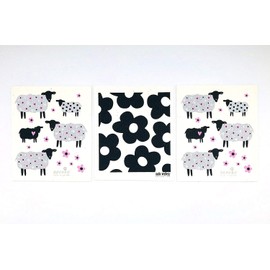 Bargquist Imports Collections Swedish Dish Cloths: Natural Eco Friendly Cotton Dishcloth with Country Pasture Sheep Theme; Black, White, Silver Grey, Pink Set of 3