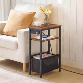 HOOBRO Small Narrow Side Table, Skinny End Table with Charging Station, Extra Slim Nightstand with Storage for Small Spaces, Thin End Table for Living Room, Rustic Brown and Black BF125UBZ01
