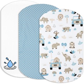 Lovely Hippo 2 x Fitted Sheets 100% Cotton + 1 x Mattress Protector 100% Waterproof Material - Set 3X - Compatible Chicco, Kinderkraft (Safari Blue, 60 x 80 cm)