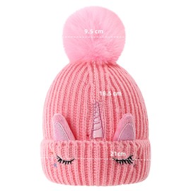 Cheerful Mario Baby Girls Knitted Hat Girls 3-9 Y Winter Warm Beanie Cosy Fleece Lining Cute Unicorn Pattern with Pom Pom Pink-A