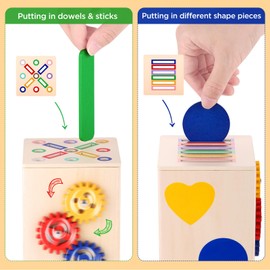 Haphiz Wooden Baby Montessori Toys for 1 2 3 Years Old Boys Girls 3 in 1 Toddler Ｗood Shape Sorter Color Sorting Stacking Sensory Educational Toys Birthday Gift