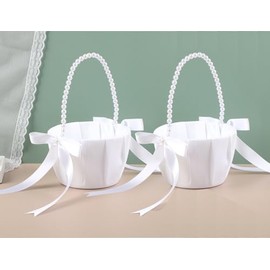 Juego de 2 cestas de flores para niña de flores, color marfil con mango de perla, cestas de boda para niñas de flores