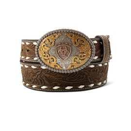 ARIAT Men's Leather Floral Embossed Oval Multi-Finish Belt, Aged Bark, 38