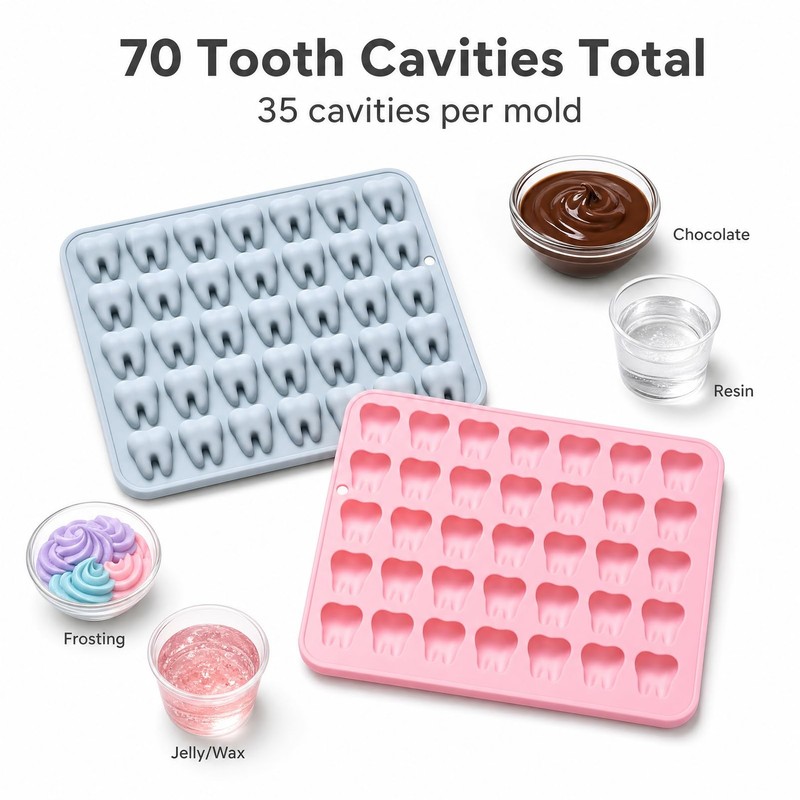 2 Pack 35-Cavity Silicone Molds, Realistic 3D Mini Molar Tooth