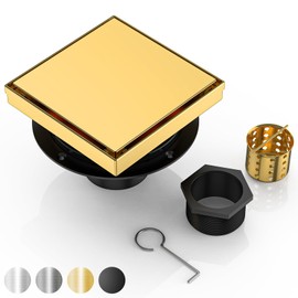 DLONE Square Shower Drain | 6 Inch Brushed Gold AISI 304 Stainless Steel Shower Drain with 2-in-1 Tile Insert Panel, Shower Floor Drain in Bathroom, Balcony etc