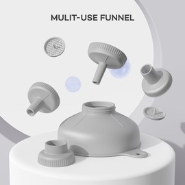 Pisol Wide Mouth Versatile Funnel, Canning Funnels for Kitchen Use, Food Grade Plastic Cooking Funnel Set with 4 Size Spouts and 2 Strainers for Filling Different Bottles and Bags, Grey