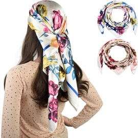 corciova 35 x 35 Large Square Hair Scarf for Women Silk Like Curly Headband Tie Sleeping at Night Fashion Bandana Headscarf, Rose ( White + Beige ), 2 Pcs