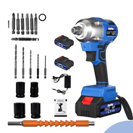 21V Cordless Electric Impact Wrench,3-IN-1 Brushless 1/2 Impact Gun,Max Torque 420Nm Impact Drill with 2×6.0Ah Li-ion Batteries 4 Sockets 5 Drill Bits 7 Screwdriver Bits,Variable Speed,for Car Tires