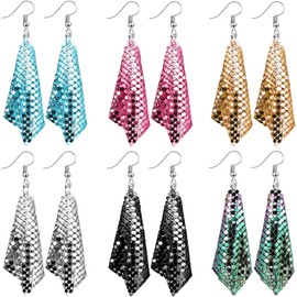 6 Pairs Sequin Dangle Earrings Mesh Grid Tassel Drop Earrings Colorful Sequin Earrings for Women (Large, Simple Style)