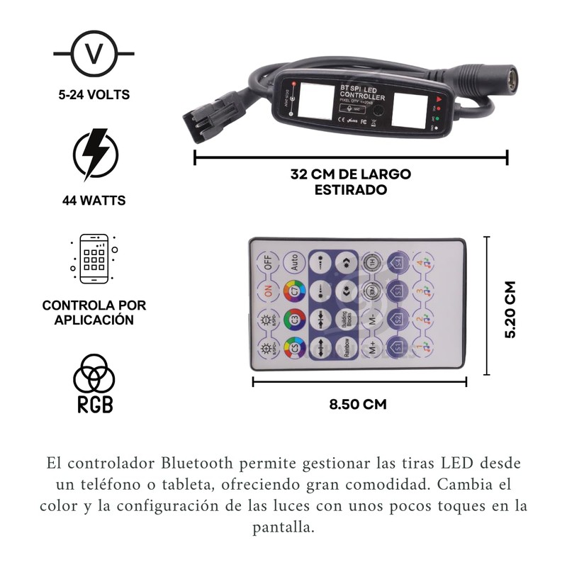 Control LED Pixel con Bluetooth para Tira LED WS2811-12, Fácil