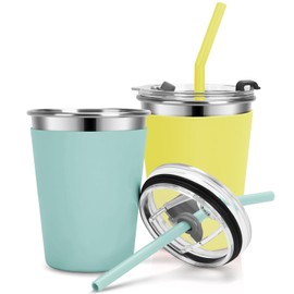 Vermida Kids Cups with Straws and Lids Leak Proof, 12oz Sippy Cups for Toddlers 1-3, 2 Pack Spill Proof Cups Stainless Steel Kids Cups with Lids for School, Outdoor (Green & Yellow)