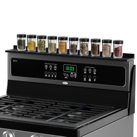 ZGO Stove Top Shelf for Kitchen Stove with Reusable Strong Adhesive Tapes, Bamboo Spice Shelf Over Stove, Kitchen Storage Fits Standard 30 inches Stove (Black)