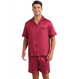 Lars Amadeus Men's Satin Sleepwear Short Sleeve Nightwear Shorts Summer Pajamas Set 2 Pieces Red X-Large