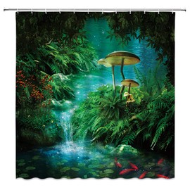 Green Forest Fantasy Shower Curtain Mushroom Jungle Pond River Fairy Lush Bushes Leaves Fall Autumn Plant Lotus Magic Fairy Tale World Bathroom Curtain Sets Polyester Fabric Hooks 70 X 70 Inch