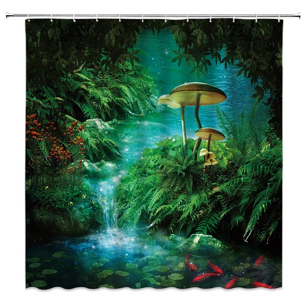 Green Forest Fantasy Shower Curtain Mushroom Jungle Pond River Fairy