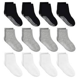 SUOSDEY Stopper Socks Children 12 Pairs Non-Slip Socks Cotton Non-Slip Socks Children ABS Non-Slip Socks for 1-7 Years, 02 black x 4 + light grey x 4 + white x 4