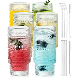 KEMORELA Glass Cups Vintage Glassware Set of 6 Large, Hobnail Drinking Glasses, 16oz Glass Cups With Straws, Romantic Hobnail Highball Glasses, Bar Beverages Ice Coffee Cup Glassware