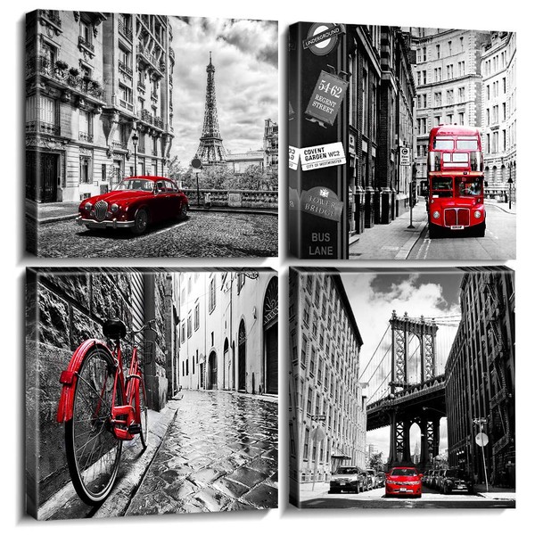 Black and White Wall Art Paris Eiffel Tower Cityscape Bedroom Canvas Pictures Modern Artwork for Bathroom Living Room Decor London Buildings Street Red Bus Telephone Booth Classic Cars Poster 12×12"