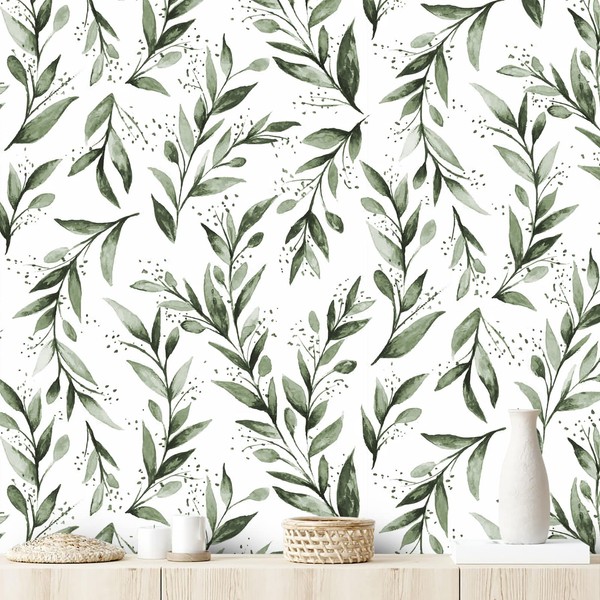 Erfoni Green Leaf Wallpaper Peel and Stick Wallpaper Floral Contact Paper 17.7inch x 196.8inch Greenery Leaves Self Adhesive Wallpaper Peel and Stick Olive Botanical Flowers Wall Paper Vinyl Film