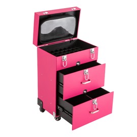 ILWorkTLs Professional 3 in 1 Rolling Makeup Case on Wheels,Nail Organizer Case,Aluminum Cosmetic Train Case for Makeup Artists and Nail Technicians,Pink