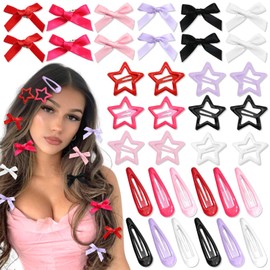 SAWINDA 36Pcs Pink Mini Bow Hair Clips 6 Color Water Drop No Slip Hair Clips for Women White Star Snap Hair Barrettes Black Small Hair Bows Star Bowknot Hair Accessories for Girls